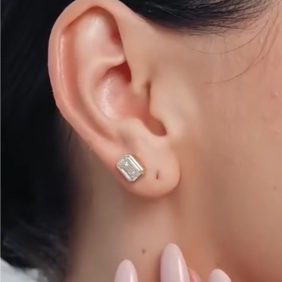 Bezel Set Emerald Cut Studs - Picture 2 of 4